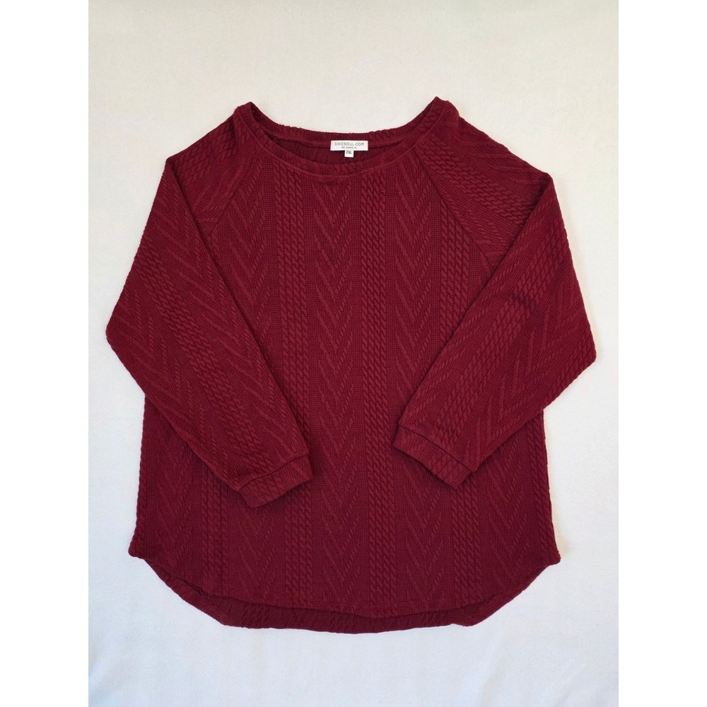 Chic Soul Cable Knit Pullover Top 2XL Burgundy Chevron Textured Raglan Sweater